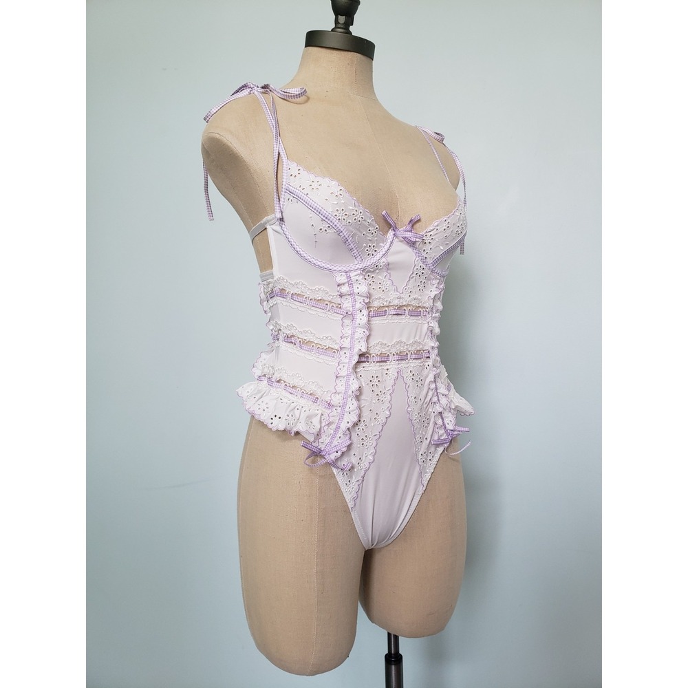 FOR LOVE & LEMONS Eyelet Lace Coquette Teddy Purple White Gingham Trim‎ 32A NWT